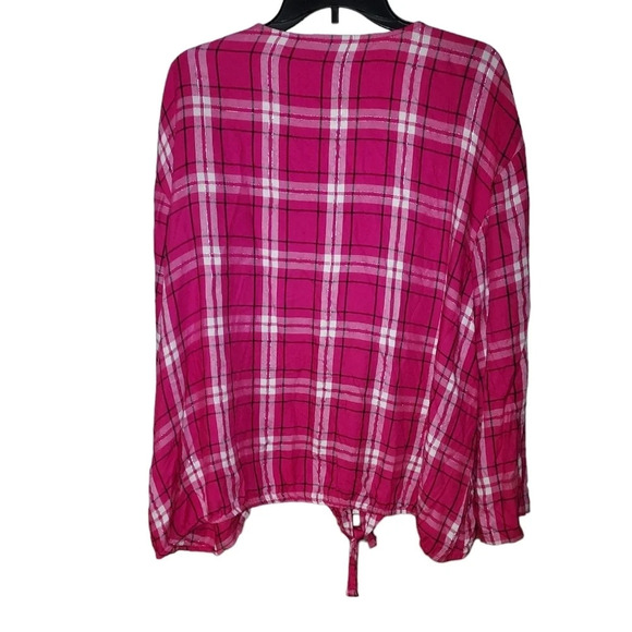Lane Bryant Plaid Blouse Hot Pink Flare Sleeve - Picture 2 of 5